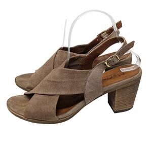 Mariella Suede Open Toe Sling Back Block Heel Sandal Tan